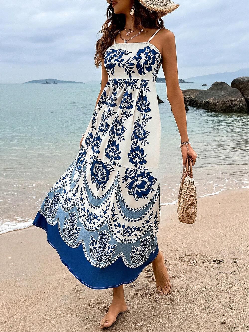 Ethnic Floral Print Back Smocked Loose Midi Dress