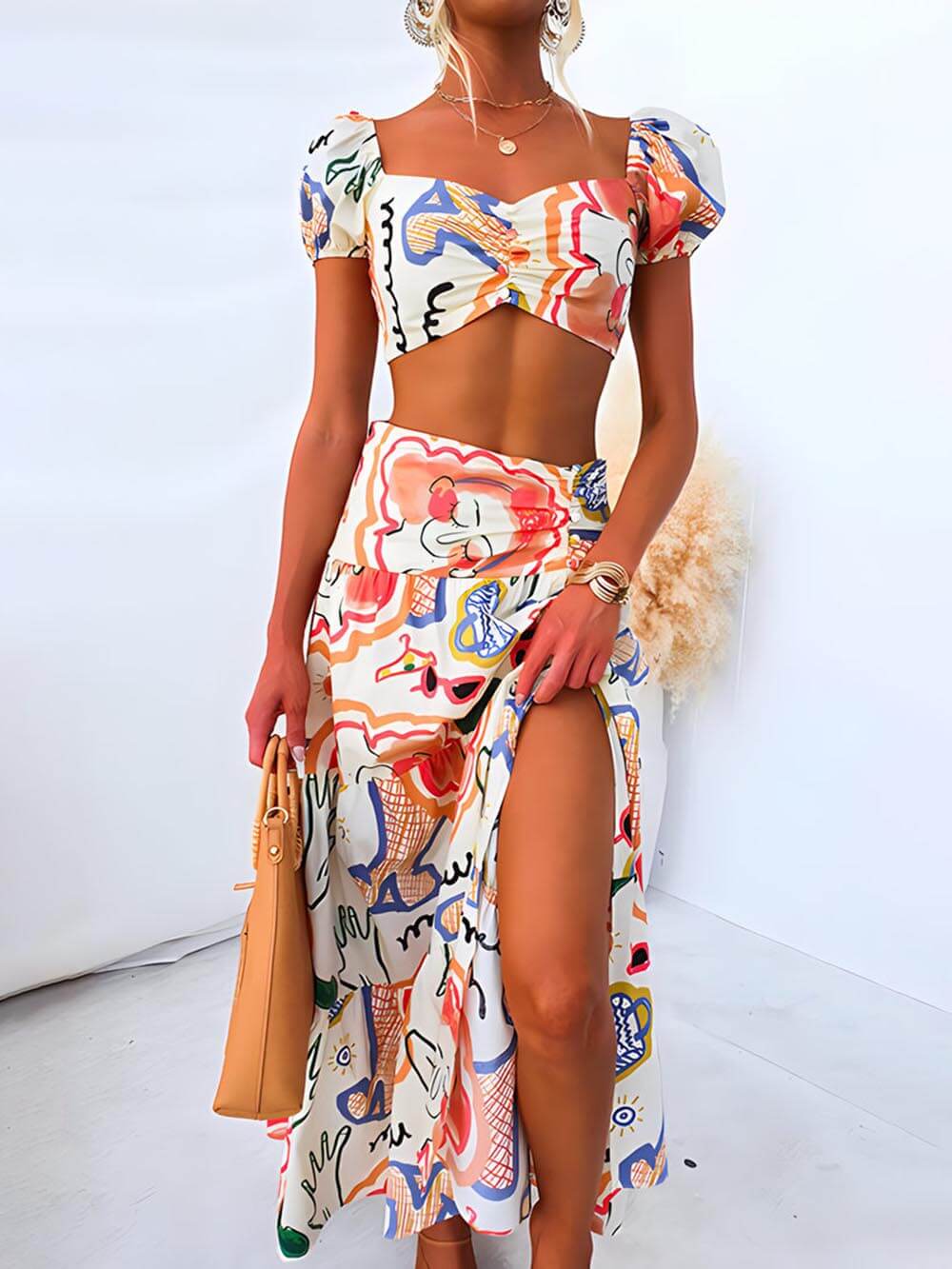 Wrap Summer Skirt And Printed Top Two-Piece Suit