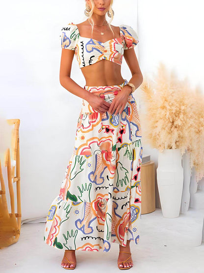 Wrap Summer Skirt And Printed Top Two-Piece Suit