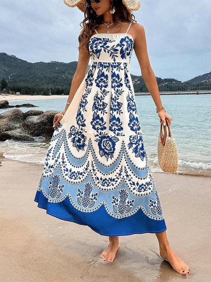 Ethnic Floral Print Back Smocked Loose Midi Dress