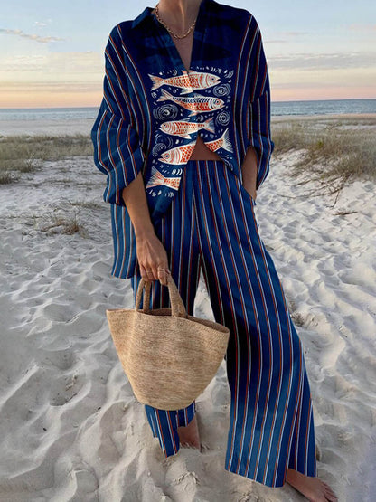 Unique Ocean Print Oversized Shirt and Elastic Waist Pocket Pants Set