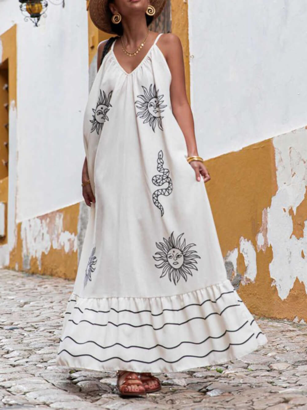 Unique Ethnic Under The Sun Printed V-Neck Dress