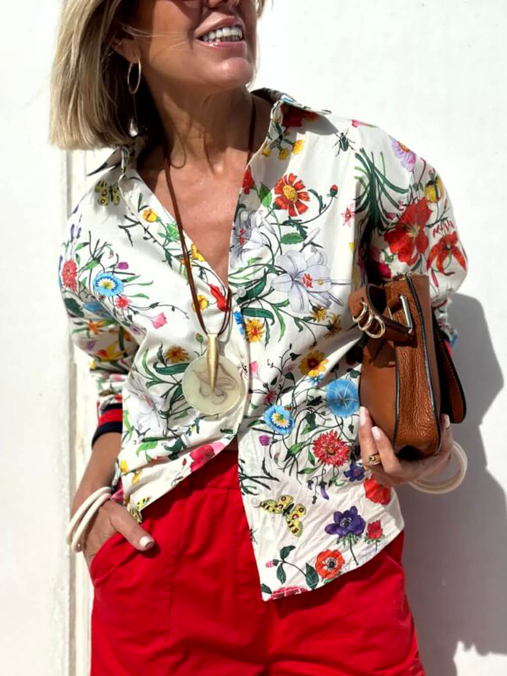 Oversized Unique Floral Print Button Down Blouse