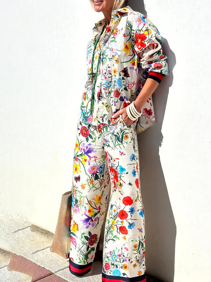 Unique Floral Print Elastic Waist Pocketed Wide Leg Pants