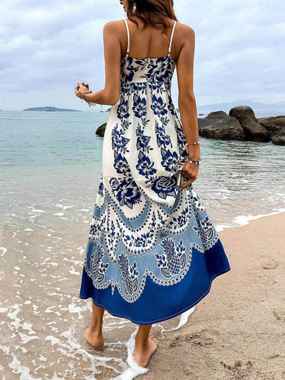 Ethnic Floral Print Back Smocked Loose Midi Dress