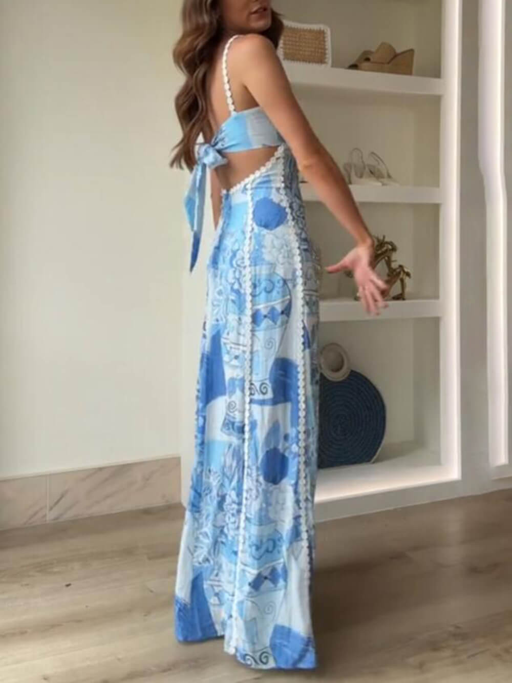 Halter Straps Lace Patchwork Printed Back Tie Halter Flare Maxi Dresses