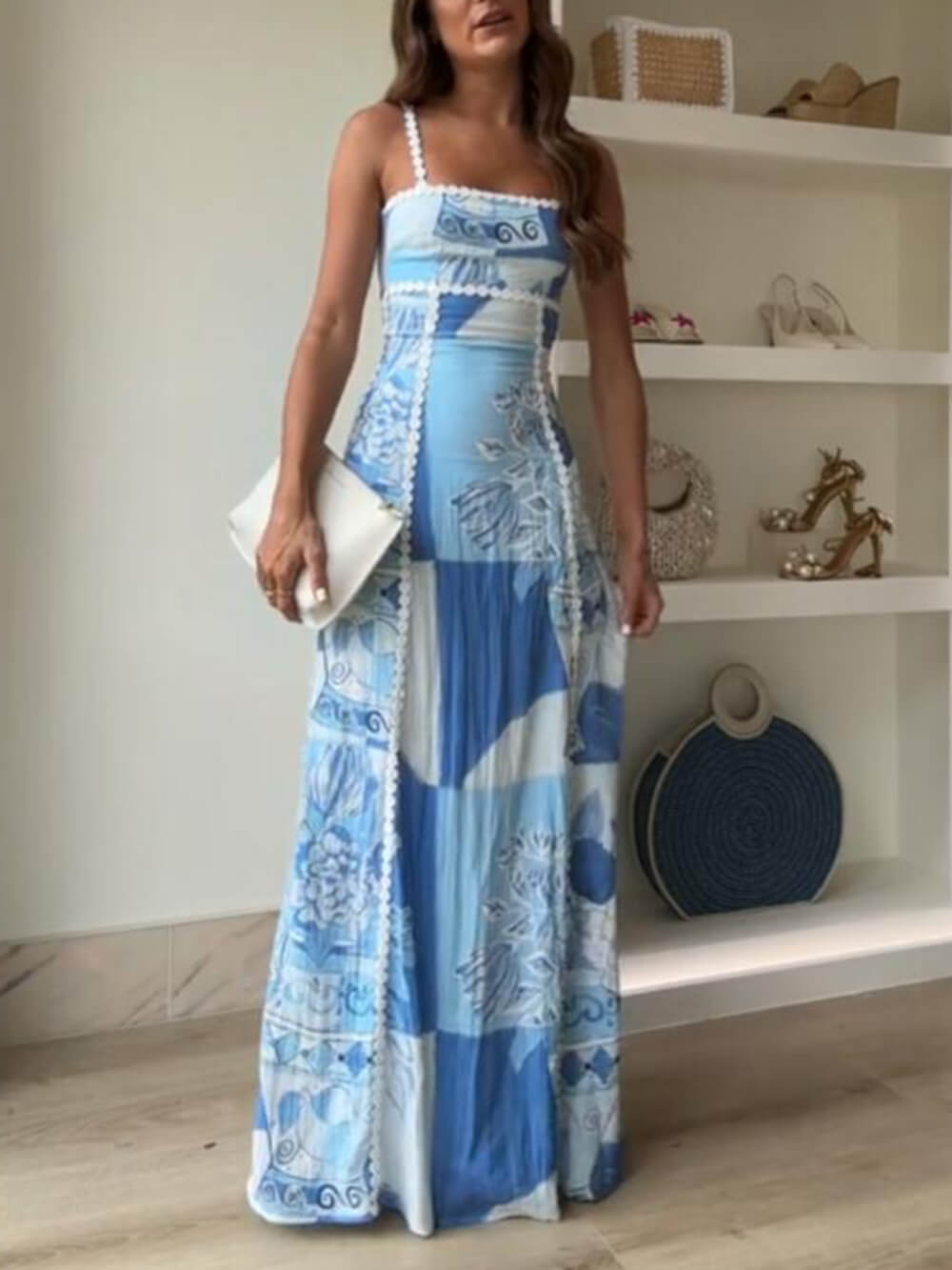 Halter Straps Lace Patchwork Printed Back Tie Halter Flare Maxi Dresses