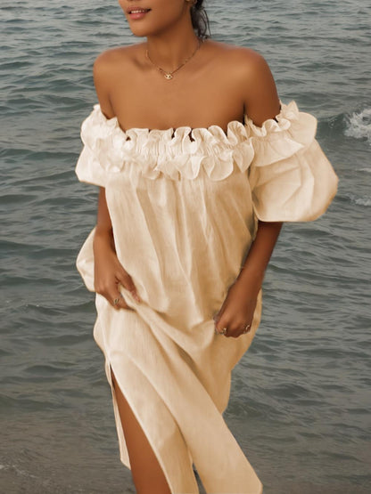 Ruffle Off Shoulder Puff Sleeve Pocketed Midi Dress