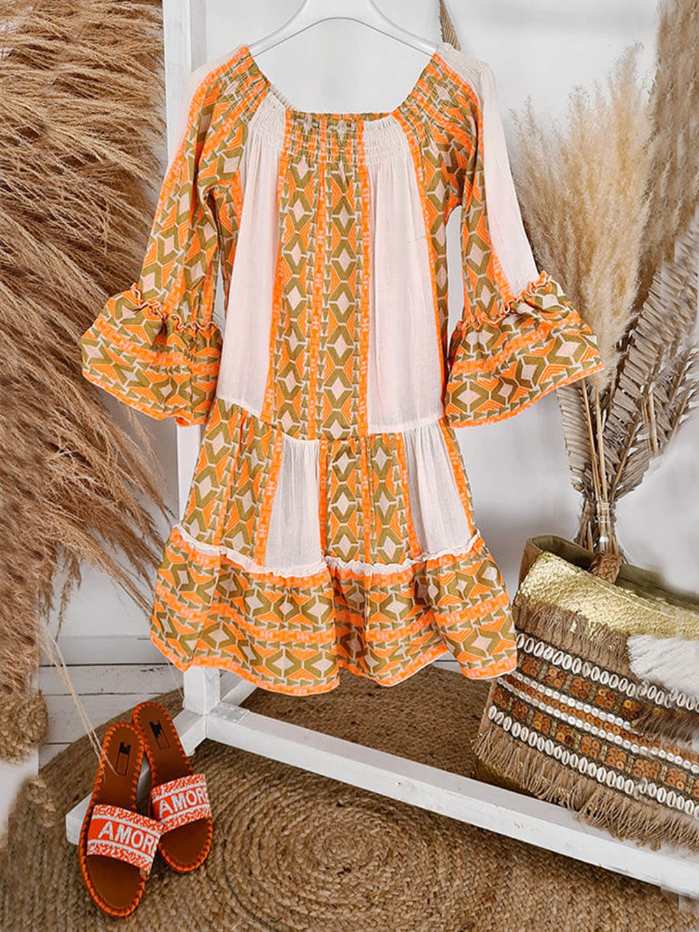 Ethnic Print Linen Blend Off Shoulder Loose Mini Dress