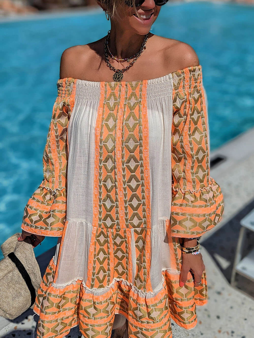 Ethnic Print Linen Blend Off Shoulder Loose Mini Dress