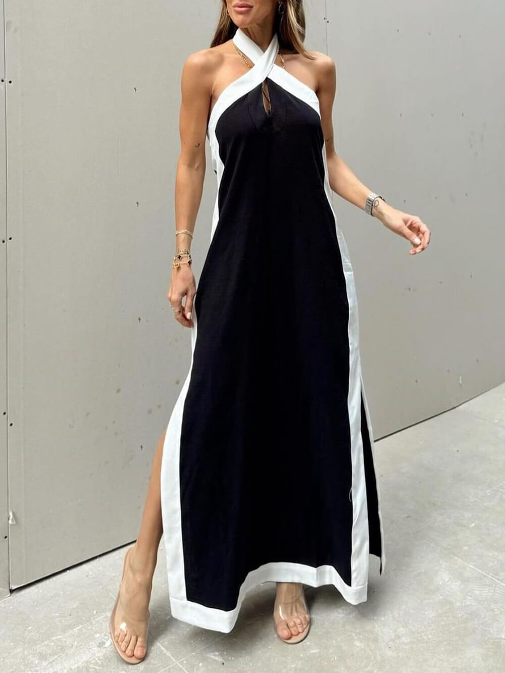 Halter Neck Slit Color Block Maxi Dress