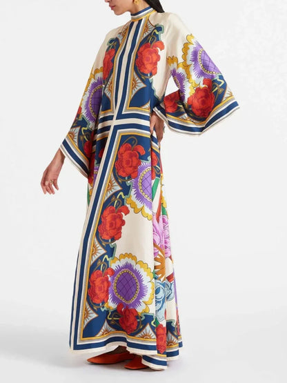 Exquisite Floral Print Draped Waterfall Sleeves Maxi Dress