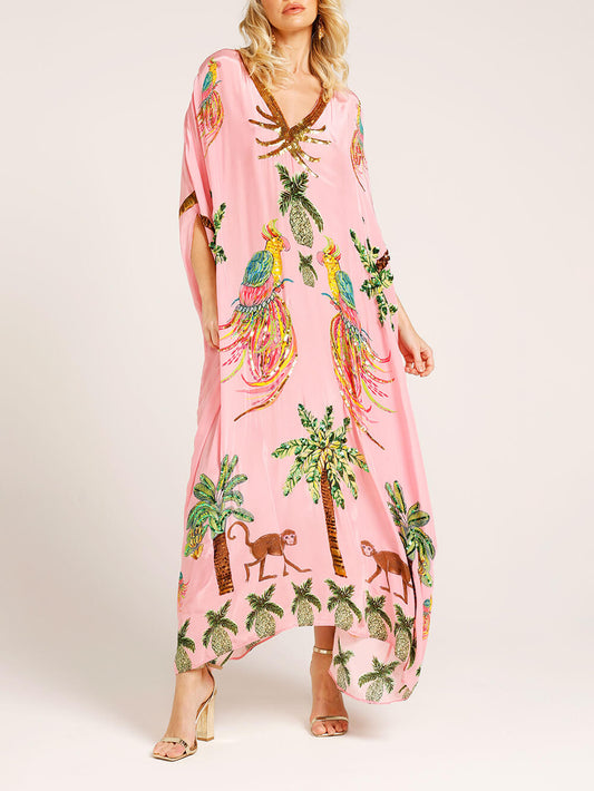 Unique Drop Shoulder Sleeve Coconut Tree Printed Dress