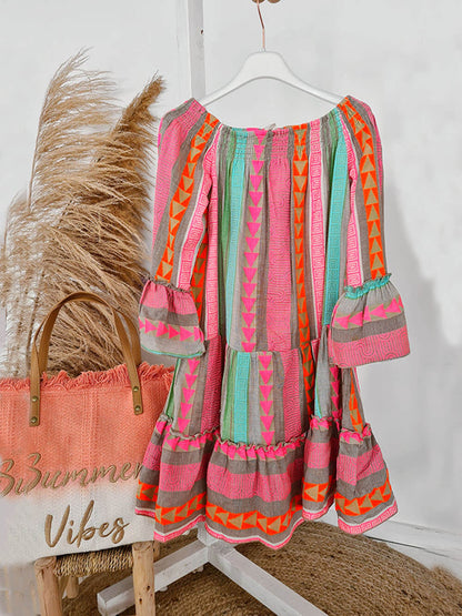 Ethnic Print Linen Blend Off Shoulder Loose Mini Dress