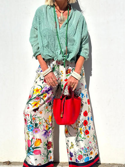 Unique Floral Print Elastic Waist Pocketed Wide Leg Pants