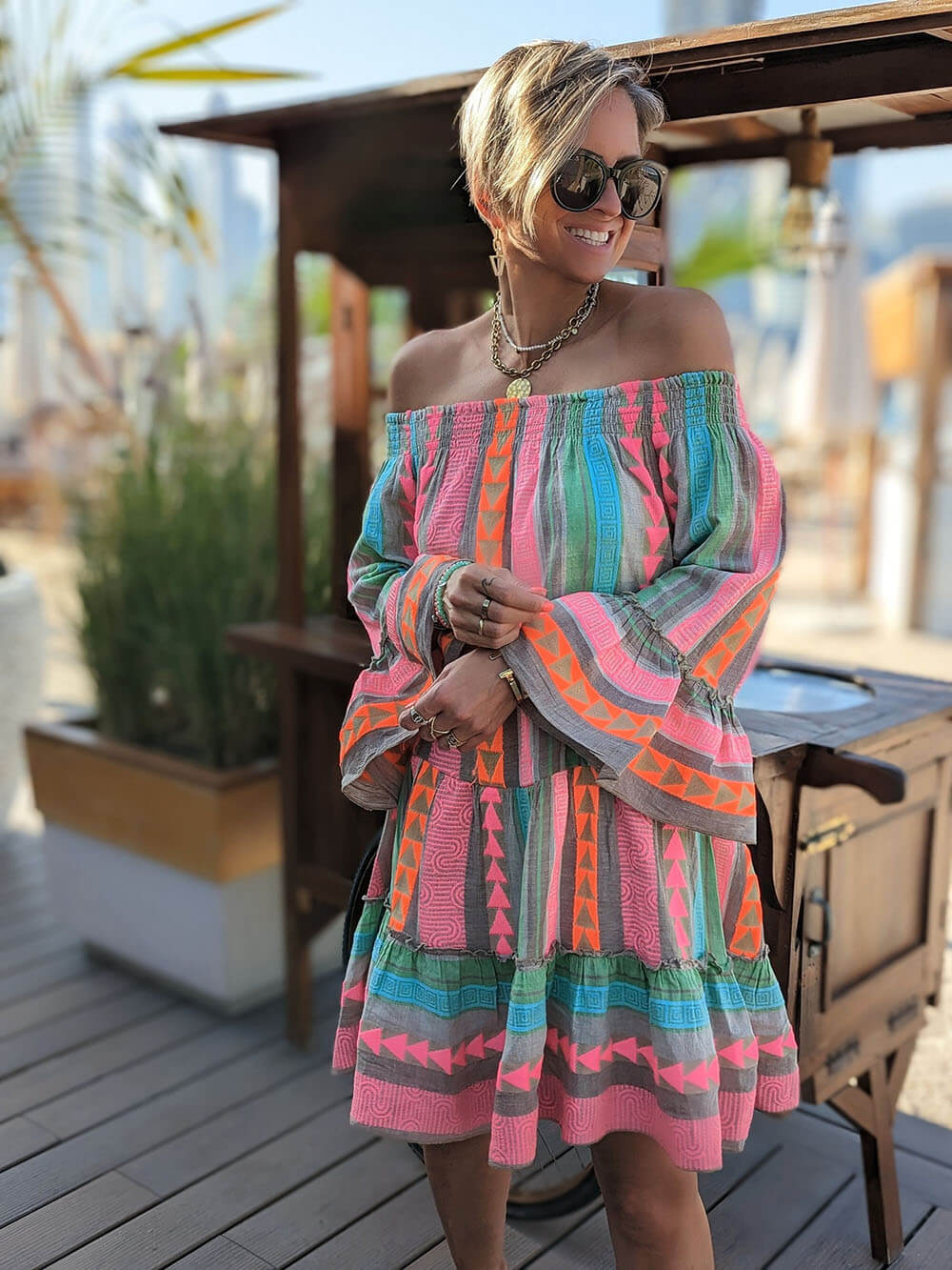 Ethnic Print Linen Blend Off Shoulder Loose Mini Dress