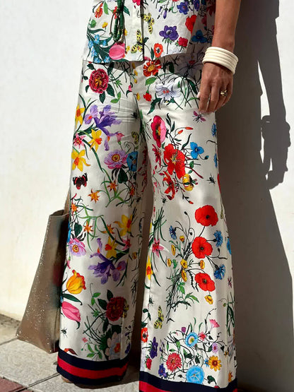 Unique Floral Print Elastic Waist Pocketed Wide Leg Pants