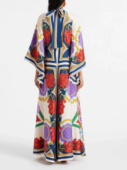 Exquisite Floral Print Draped Waterfall Sleeves Maxi Dress