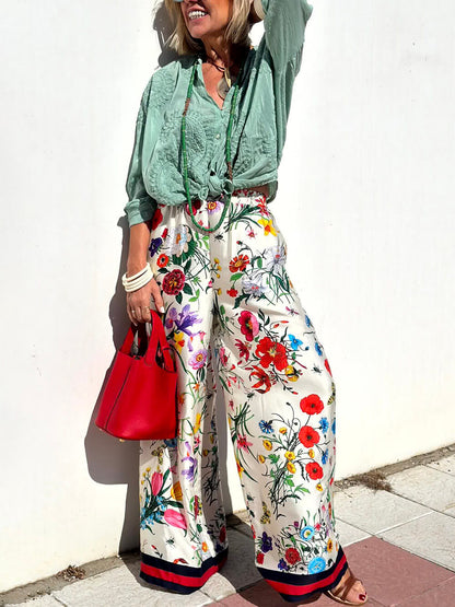 Unique Floral Print Elastic Waist Pocketed Wide Leg Pants