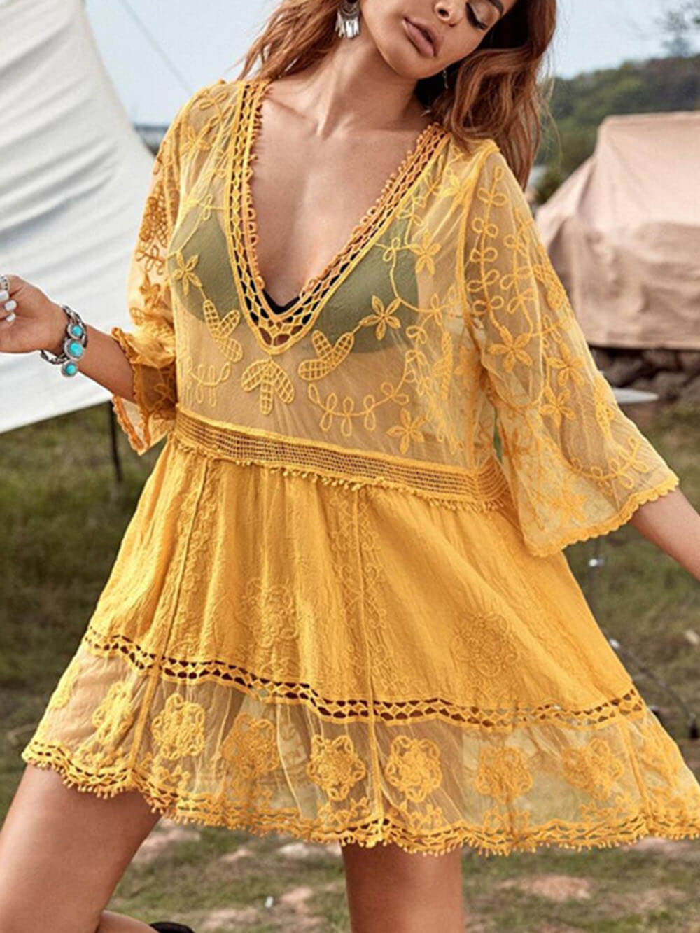 Loose Lace Beach Vacation Bikini Cover-Up Dress