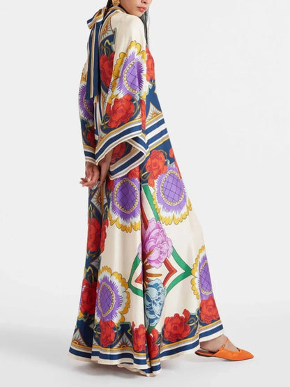 Exquisite Floral Print Draped Waterfall Sleeves Maxi Dress