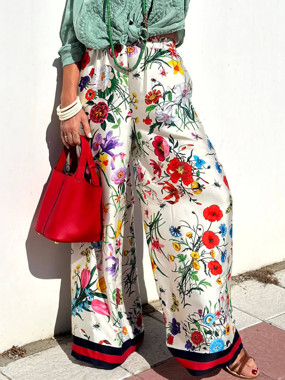 Unique Floral Print Elastic Waist Pocketed Wide Leg Pants