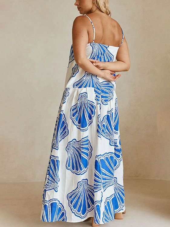 Holiday Casual Ocean Shell Print Sling Maxi Dress