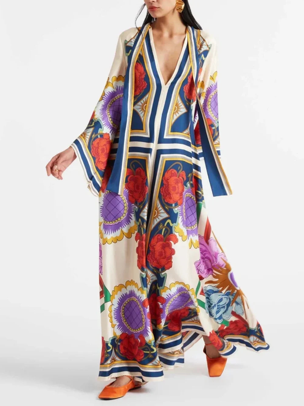 Exquisite Floral Print Draped Waterfall Sleeves Maxi Dress