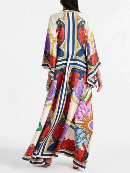 Exquisite Floral Print Draped Waterfall Sleeves Maxi Dress