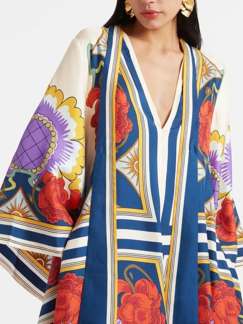 Exquisite Floral Print Draped Waterfall Sleeves Maxi Dress