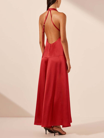 Elegant Deep V Neck Halter Maxi Dress