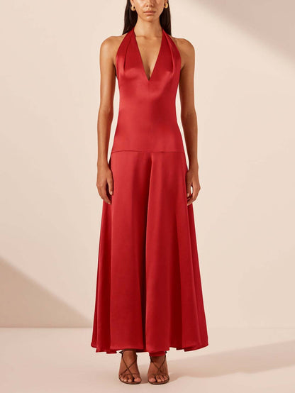 Elegant Deep V Neck Halter Maxi Dress