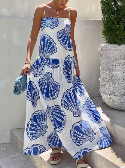 Holiday Casual Ocean Shell Print Sling Maxi Dress