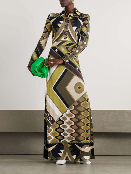 Retro Personality Abstract Print Long Sleeve Maxi Dress