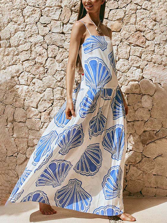 Holiday Casual Ocean Shell Print Sling Maxi Dress