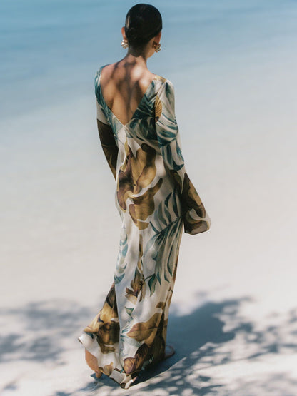 Hand—Drawn Botanical Motifs Maxi Dress