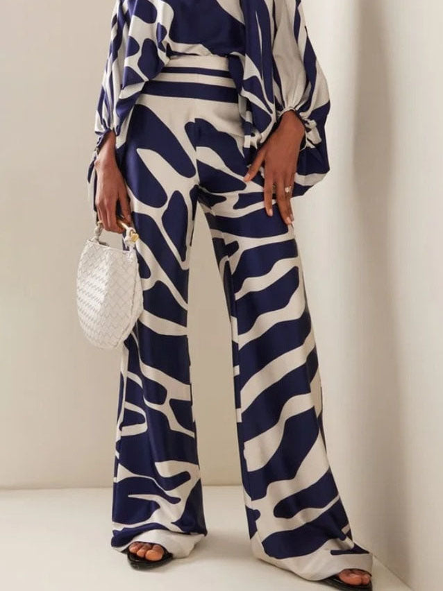 Exquisite Abstract Print Satin Wide-leg Pants