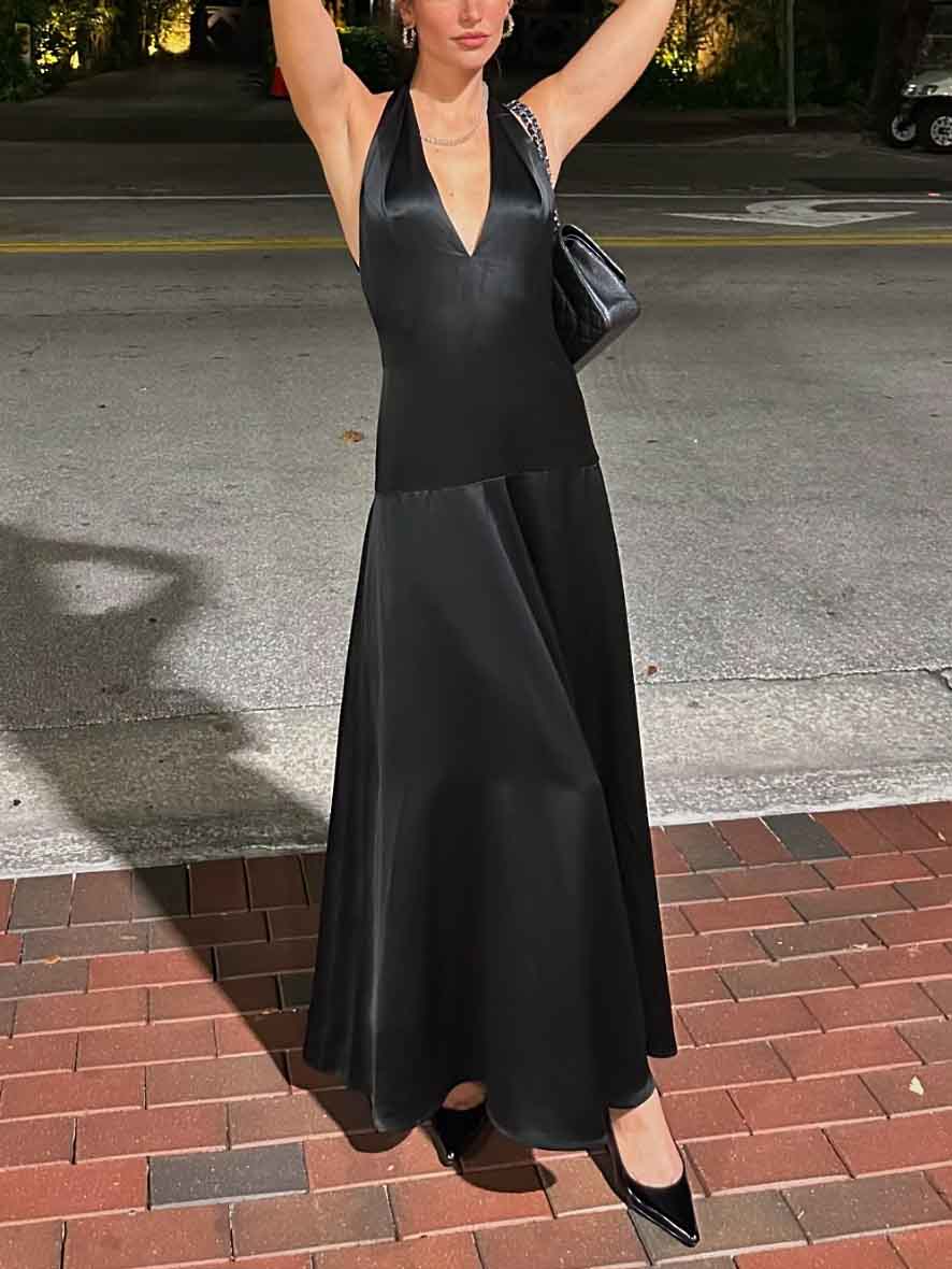 Elegant Deep V Neck Halter Maxi Dress