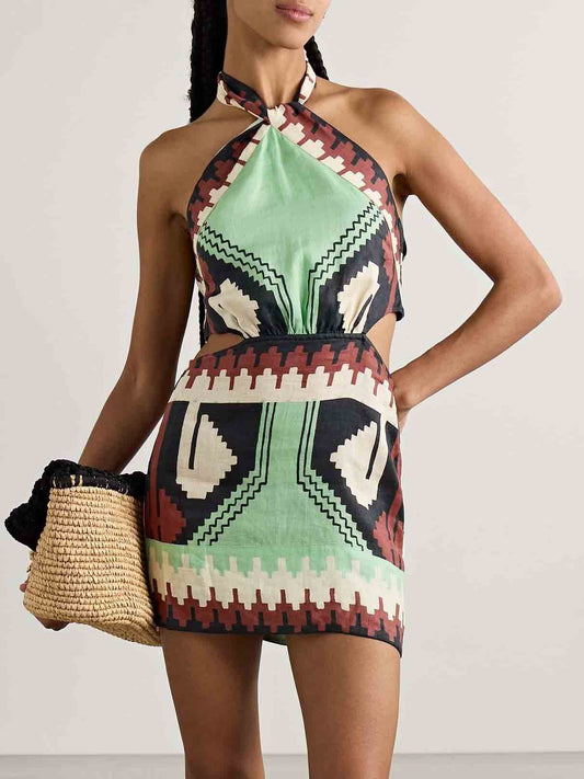 Unique Vintage Ethnic Print Backless Mini Dress