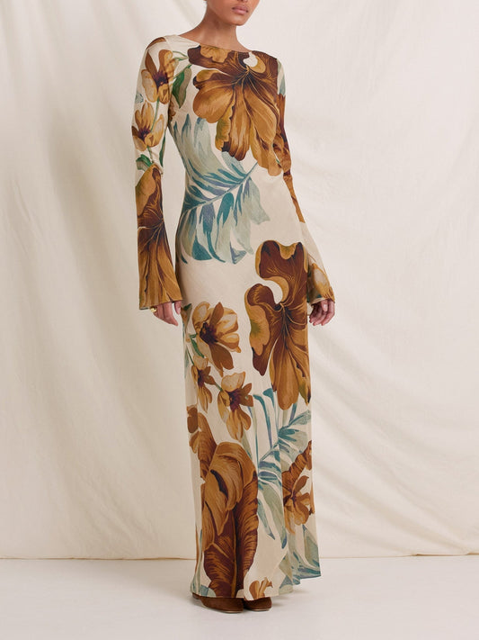 Hand—Drawn Botanical Motifs Maxi Dress