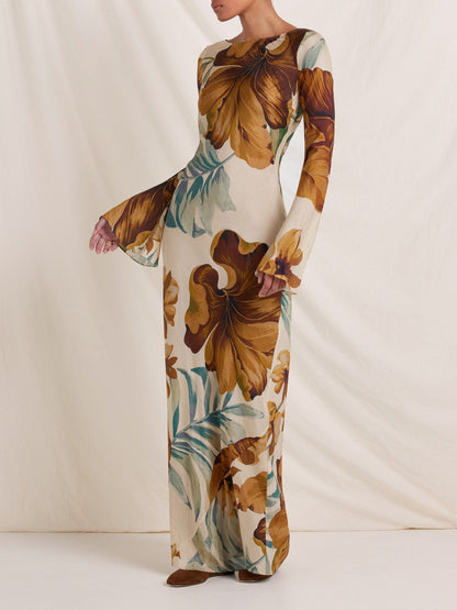 Hand—Drawn Botanical Motifs Maxi Dress